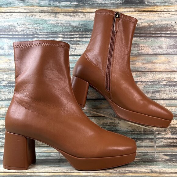 Aerosoles Platform Boots Womens 10M Brown Faux Leather Dress Ankle Chunky Heel - Picture 1 of 15